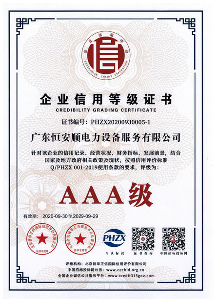 China GuangDong Heng AnShun Electrical Power Equipment Service Co., Ltd. certificaciones